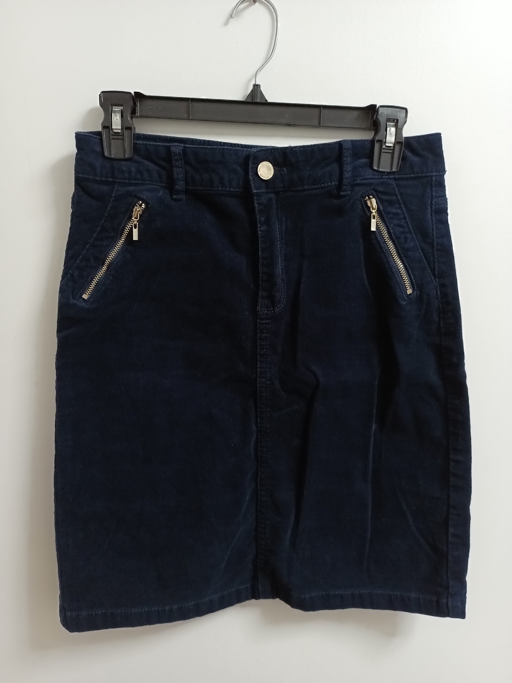 Cortefiel Navy Corduroy Pencil Skirt with Gold Zipper Detail Size Small